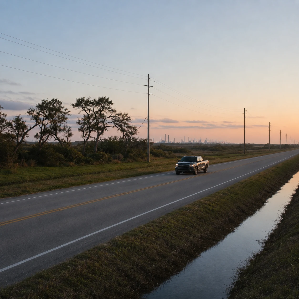 Pickup truck traveling on a Gulf Coast Texas route toward an early industrial shift.