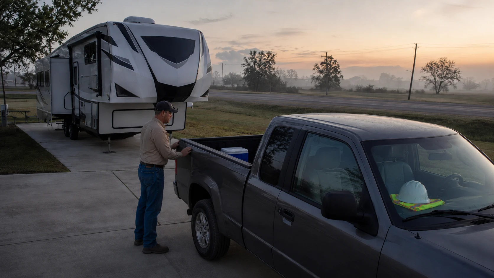 Industrial worker preparing to commute from an RV site in Sweeny to a Brazoria County plant assignment.