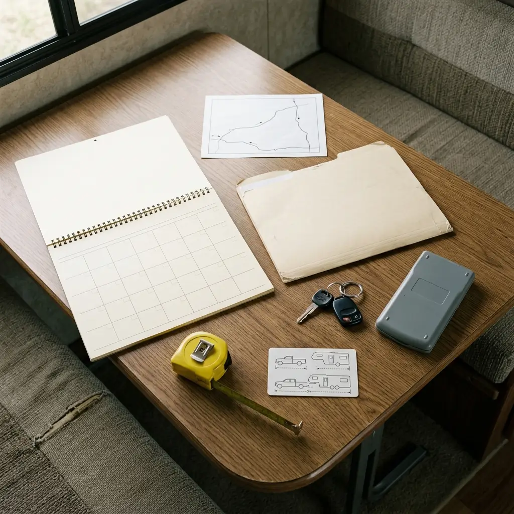 RV reservation planning materials arranged for a temporary refinery work assignment.