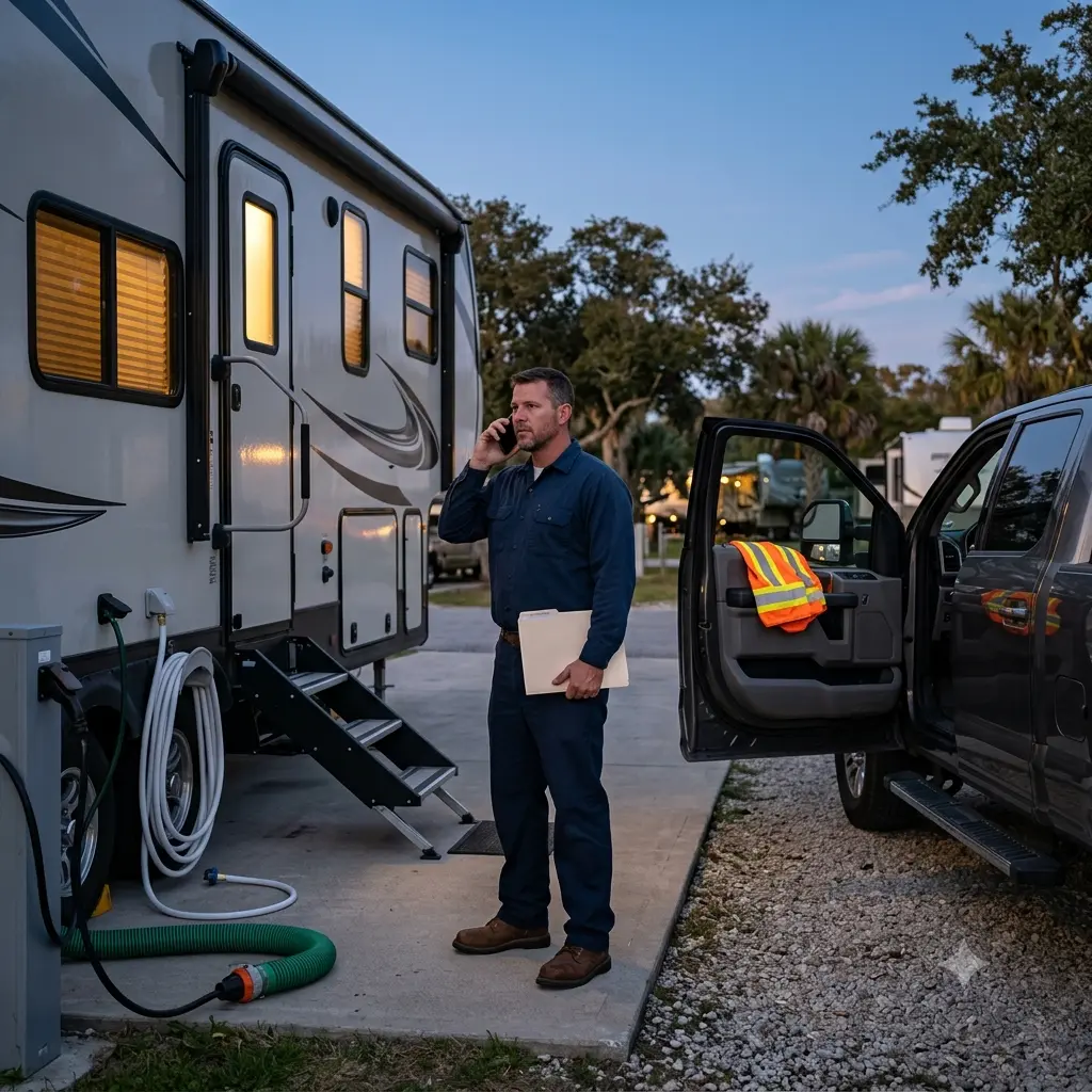 Refinery worker contacting an RV park about a reservation change during an evening stay.