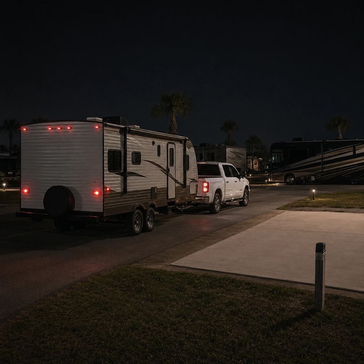 Pickup and travel trailer following a confirmed internal route to an assigned RV pad after dark.