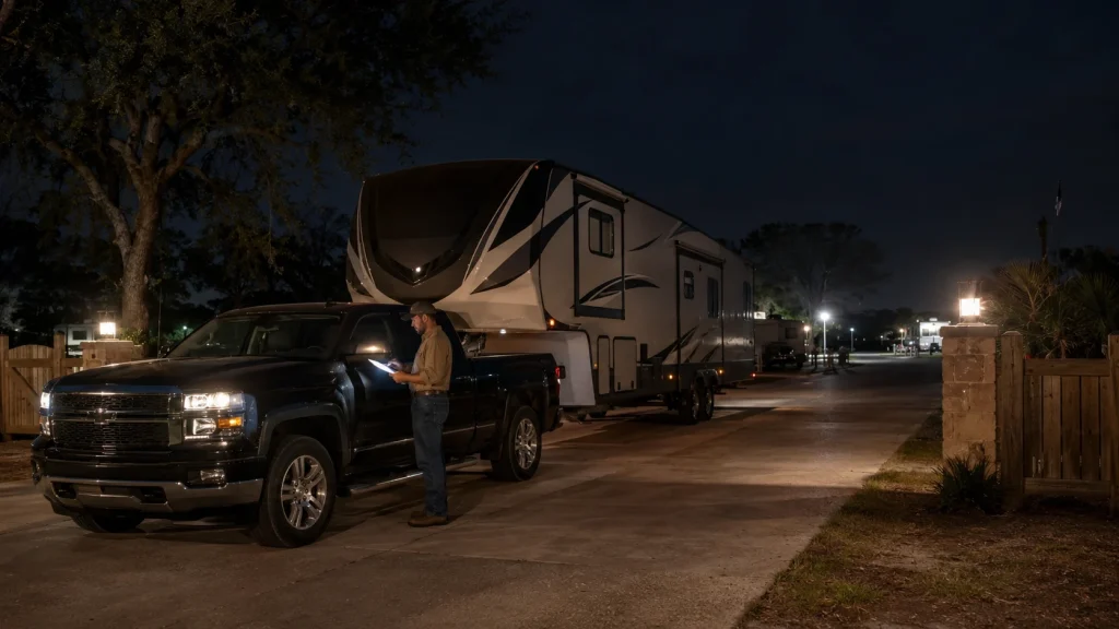 Refinery worker checking confirmed after-hours directions at the entrance of an RV park.