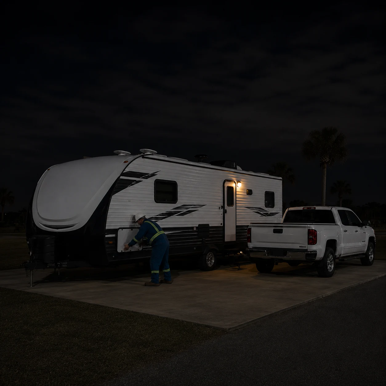 Worker completing a quiet minimal setup after arriving at an RV site late at night.