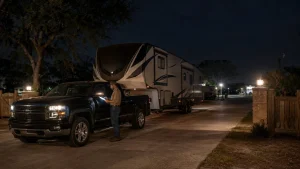 Refinery worker checking confirmed after-hours directions at the entrance of an RV park.