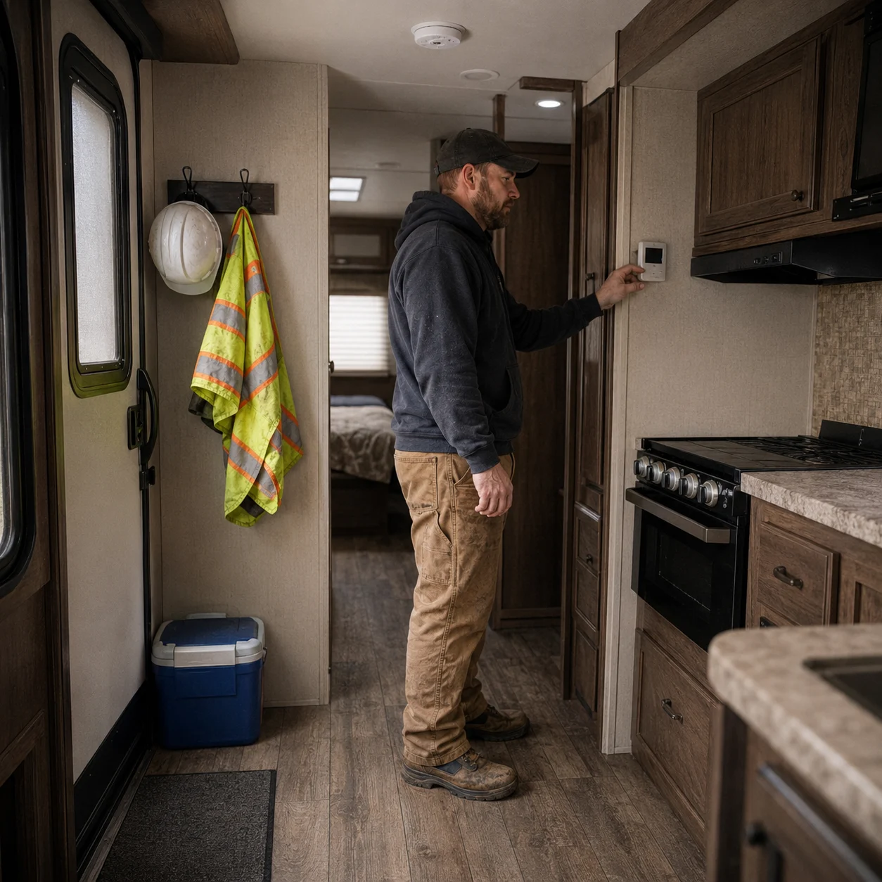 Worker checking the RV thermostat and cooking appliances before a long refinery shift.