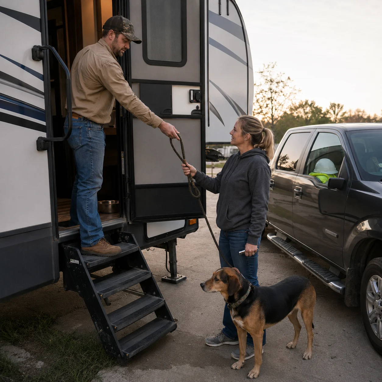 Refinery worker arranging a trusted pet check before leaving the RV for a long shift.