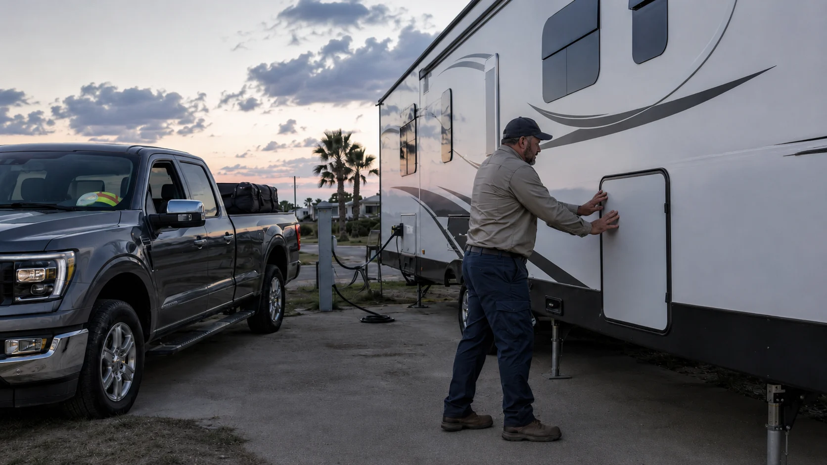 Refinery worker securing an RV exterior before leaving for a long work shift.