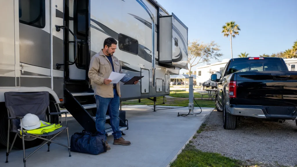 Refinery worker comparing revised assignment dates with an existing RV reservation.