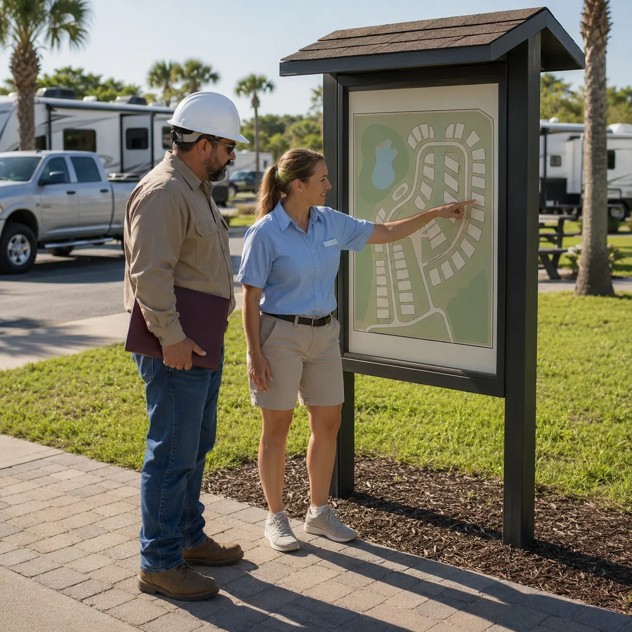 RV park employee showing a refinery worker an alternate site for an extended stay.