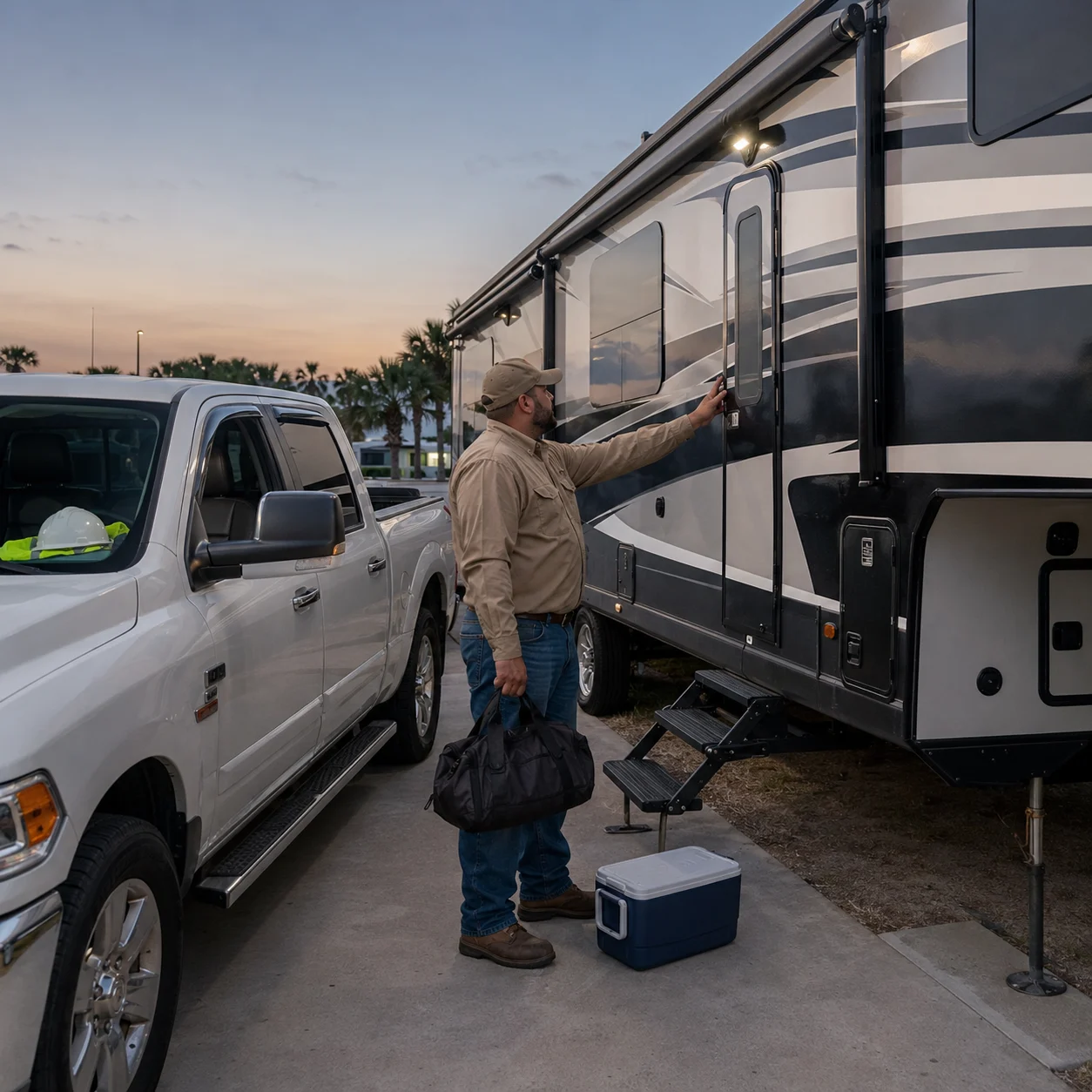 Refinery worker taking essential belongings from an RV that is temporarily unsafe to occupy.