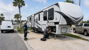 Mobile RV technician inspecting a refinery worker’s fifth-wheel at a long-term RV site.